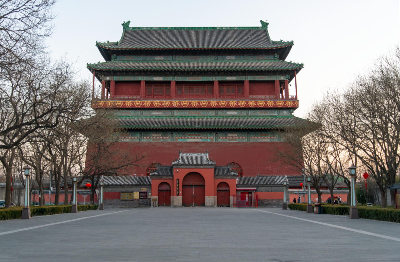 Frontal winter view of Beijing Drum Tower and its paved forecourt