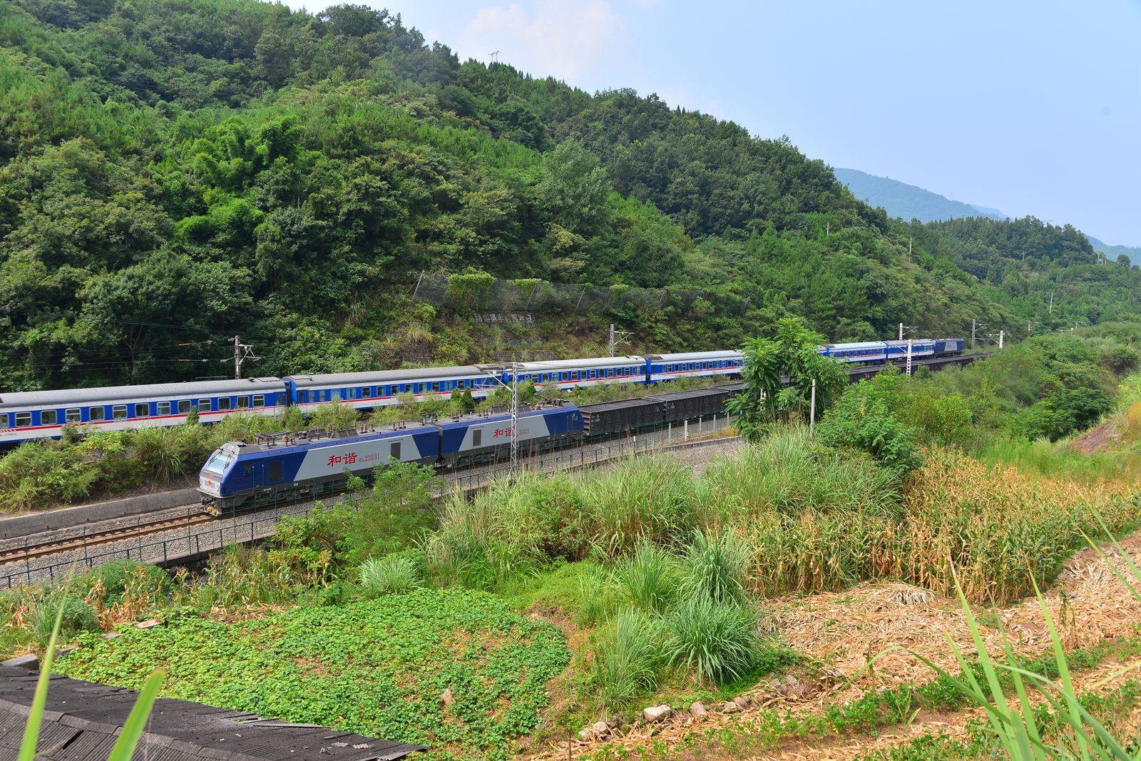 Freight and passenger trains passing through cultivated mountain terrain in Xuanhan