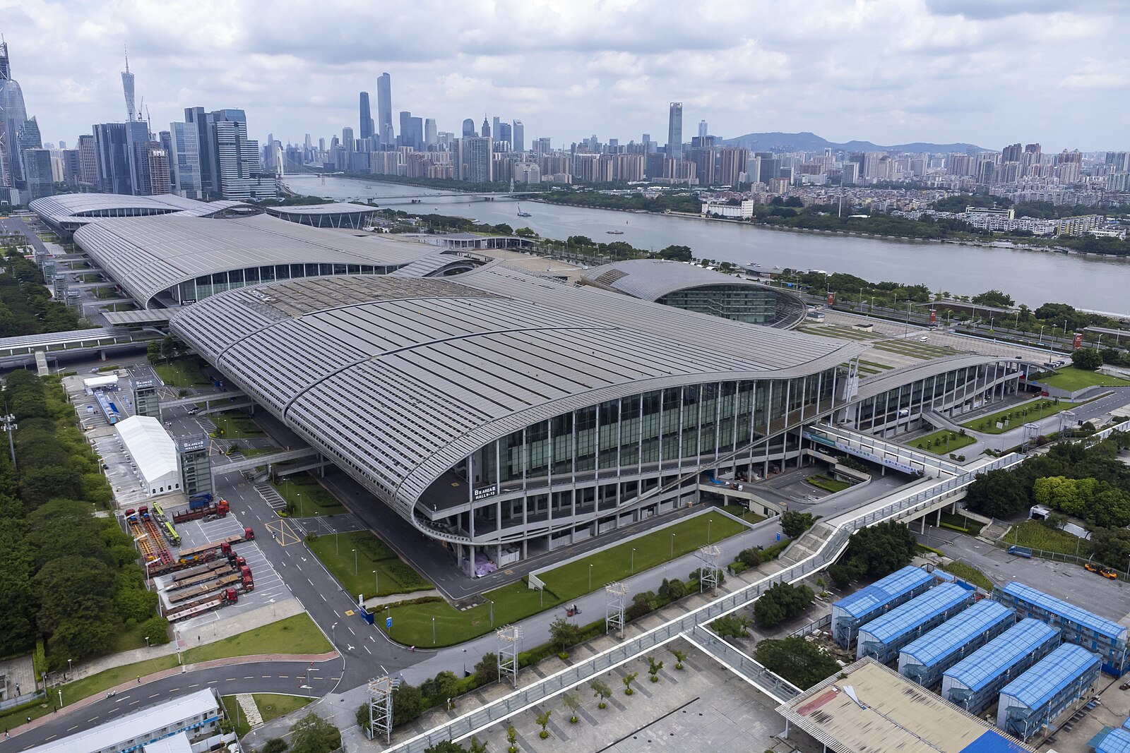 Aerial view across Canton Fair halls and the Pearl River