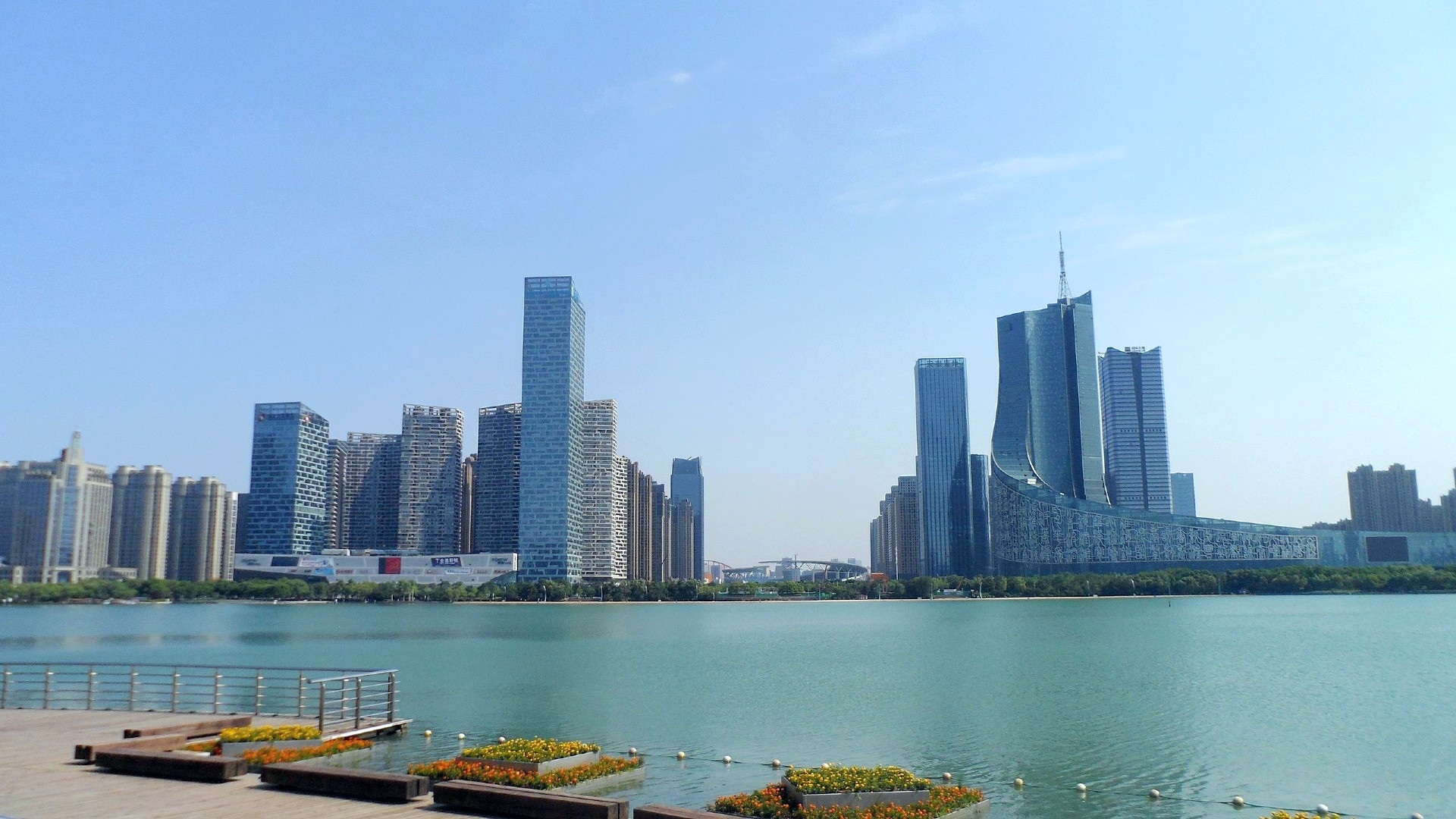Urban waterfront and skyline at Swan Lake in Hefei
