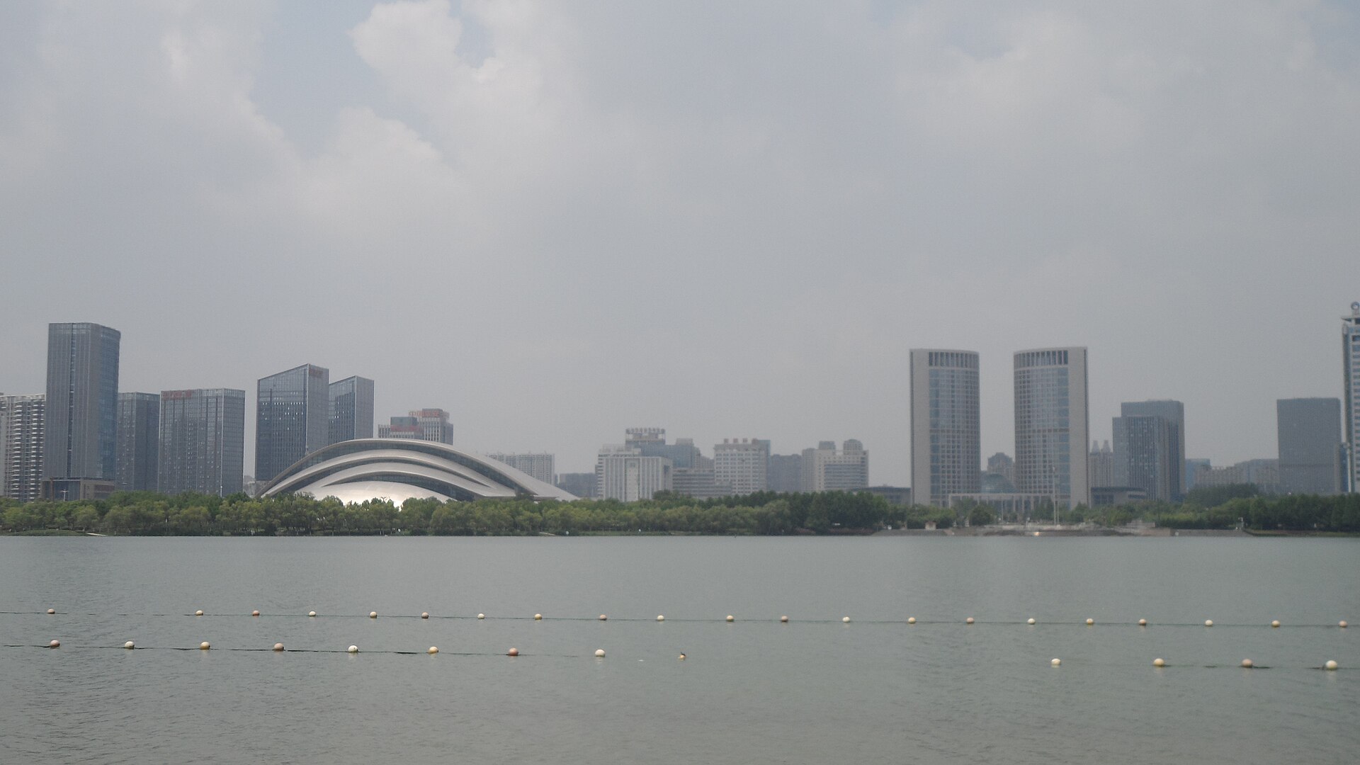 Wide 2019 view of Hefei Grand Theatre and towers beside Swan Lake