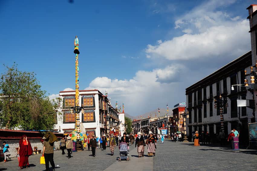 Old-city street and buildings in the Lhasa city profile