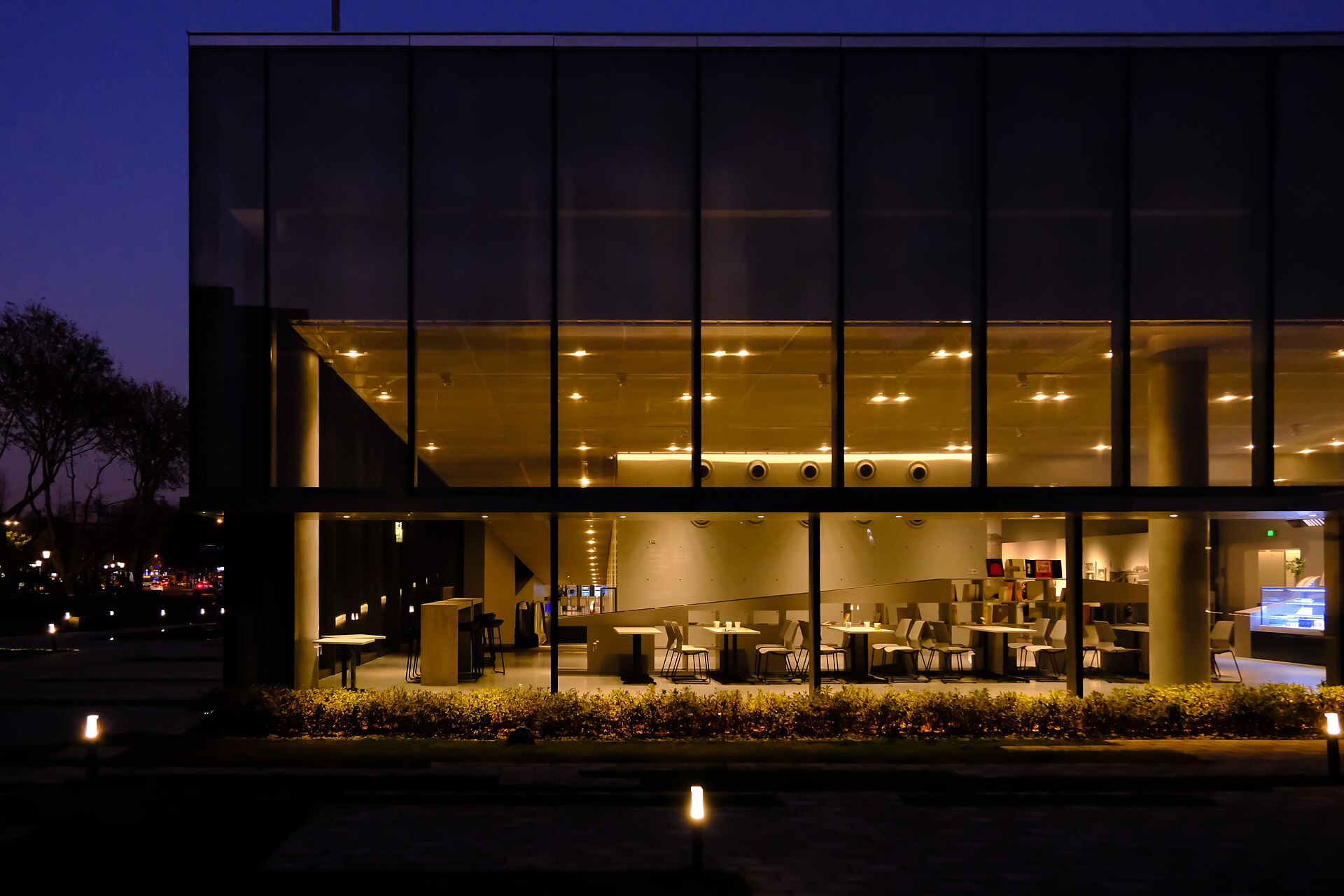 Contemporary glass entrance of Nanjing City Wall Museum at dusk
