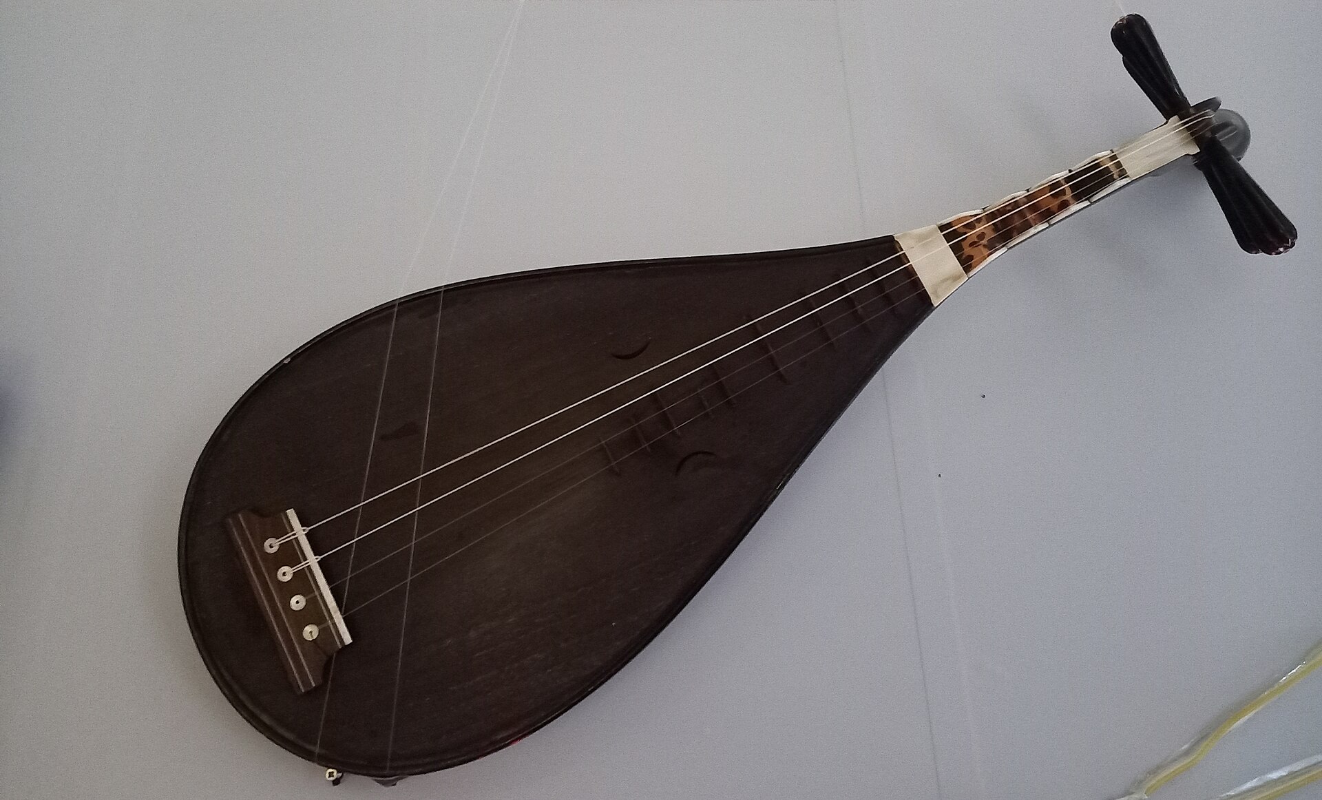 Dark wooden Nanguan pipa photographed against a plain light surface
