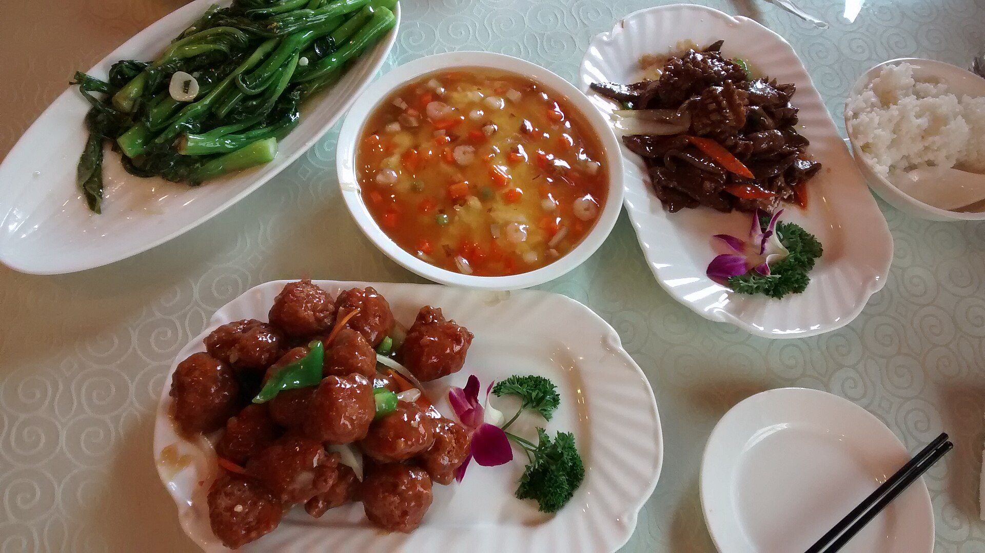 Four plated dishes and rice at Bao Fa Yuan in 2015