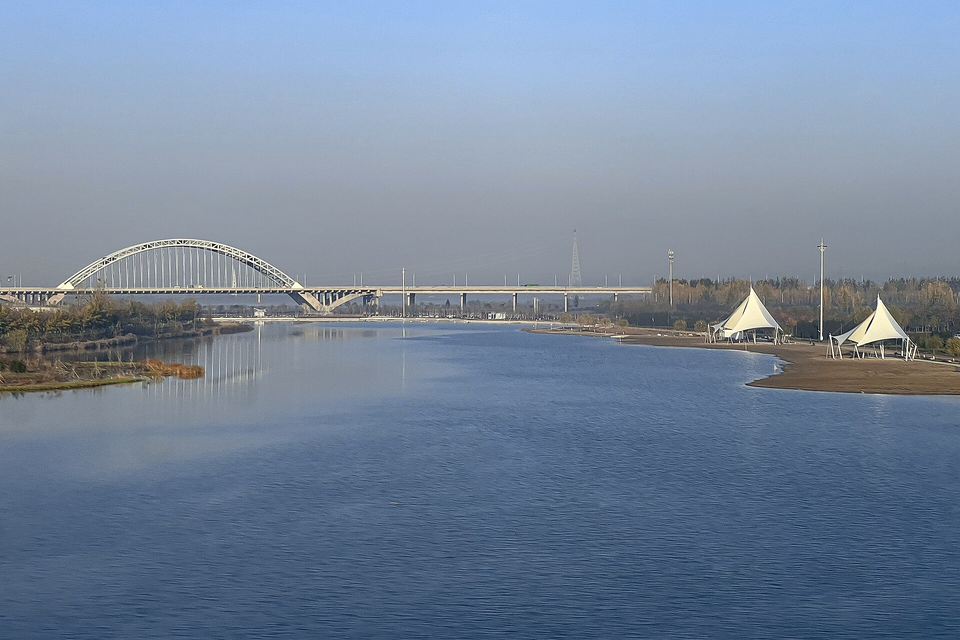 Hutuo River reach, bridge and banks seen from a high-speed rail corridor