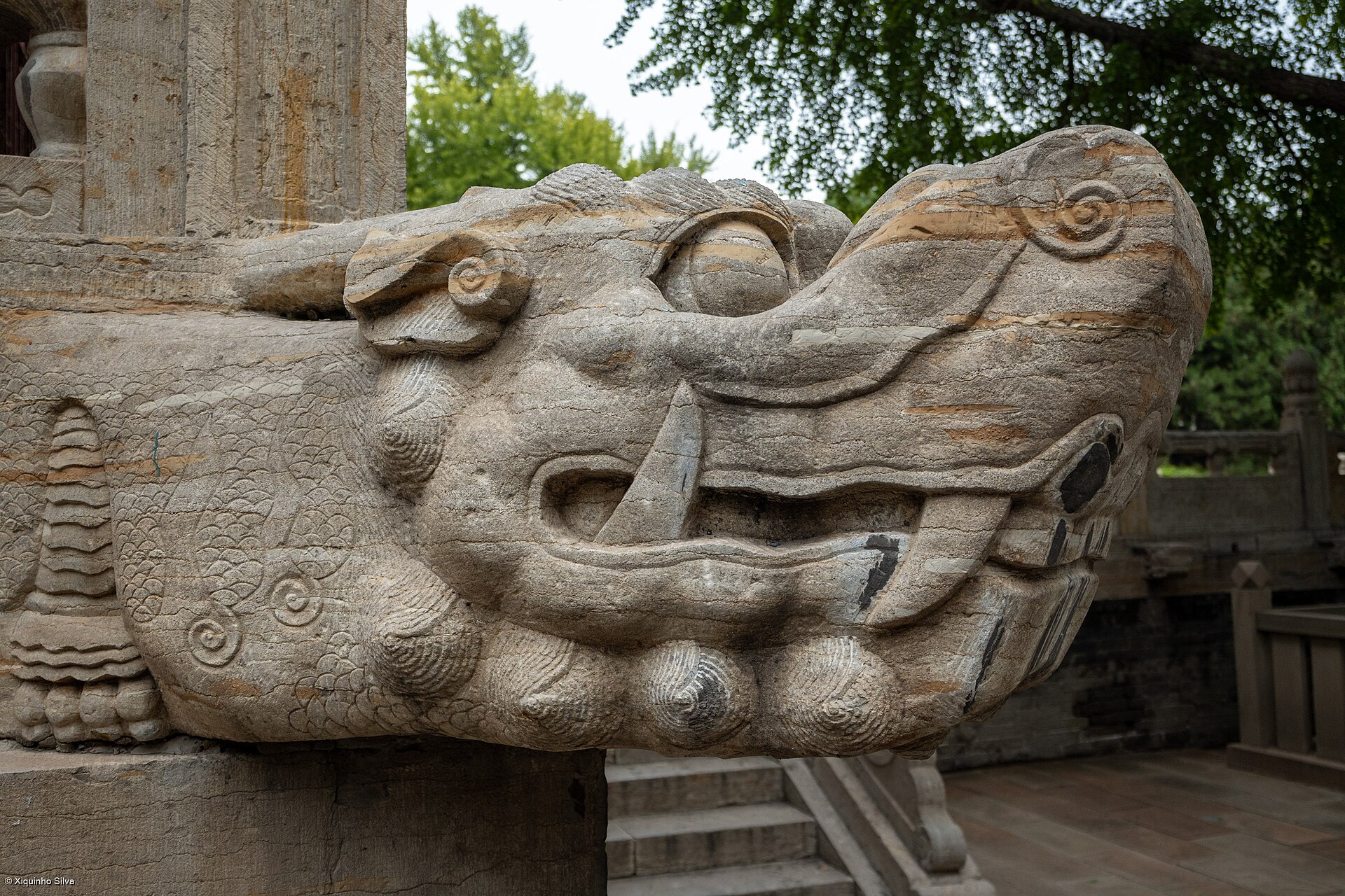 Weathered carved stone beast detail at Taiyuan Confucian Temple
