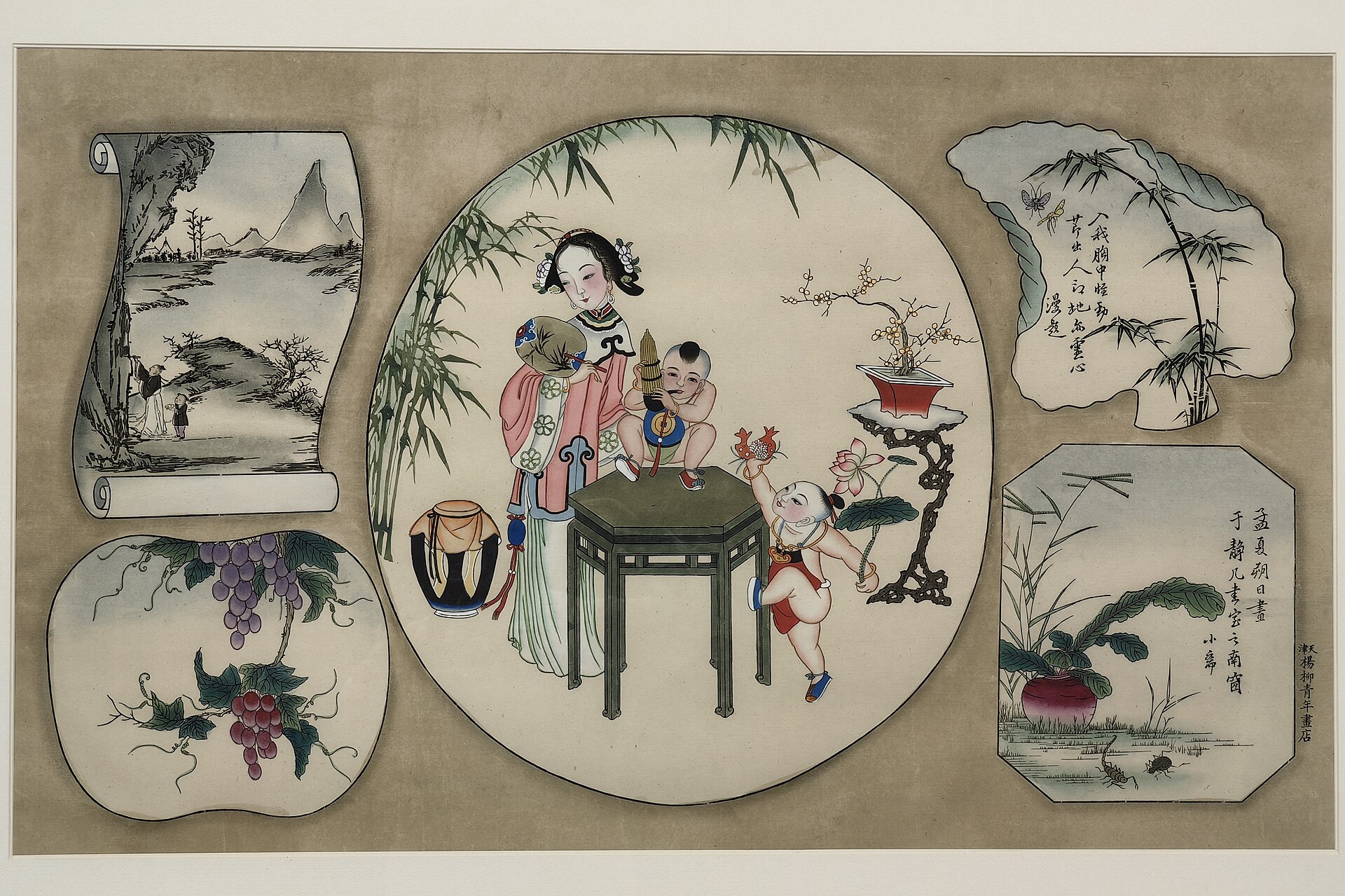 Mounted Yangliuqing New Year picture with woman, children, plants and calligraphy
