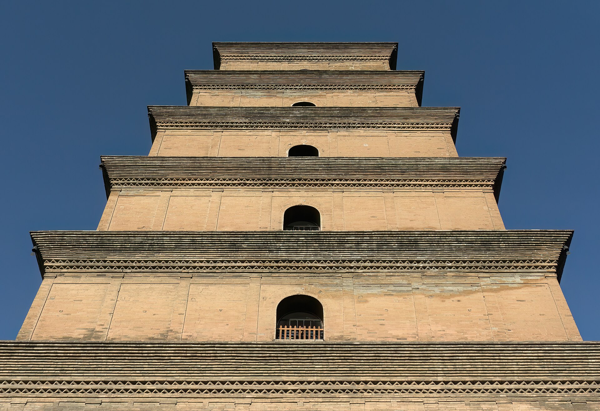 Low-angle close view of the Giant Wild Goose Pagoda's brick tiers