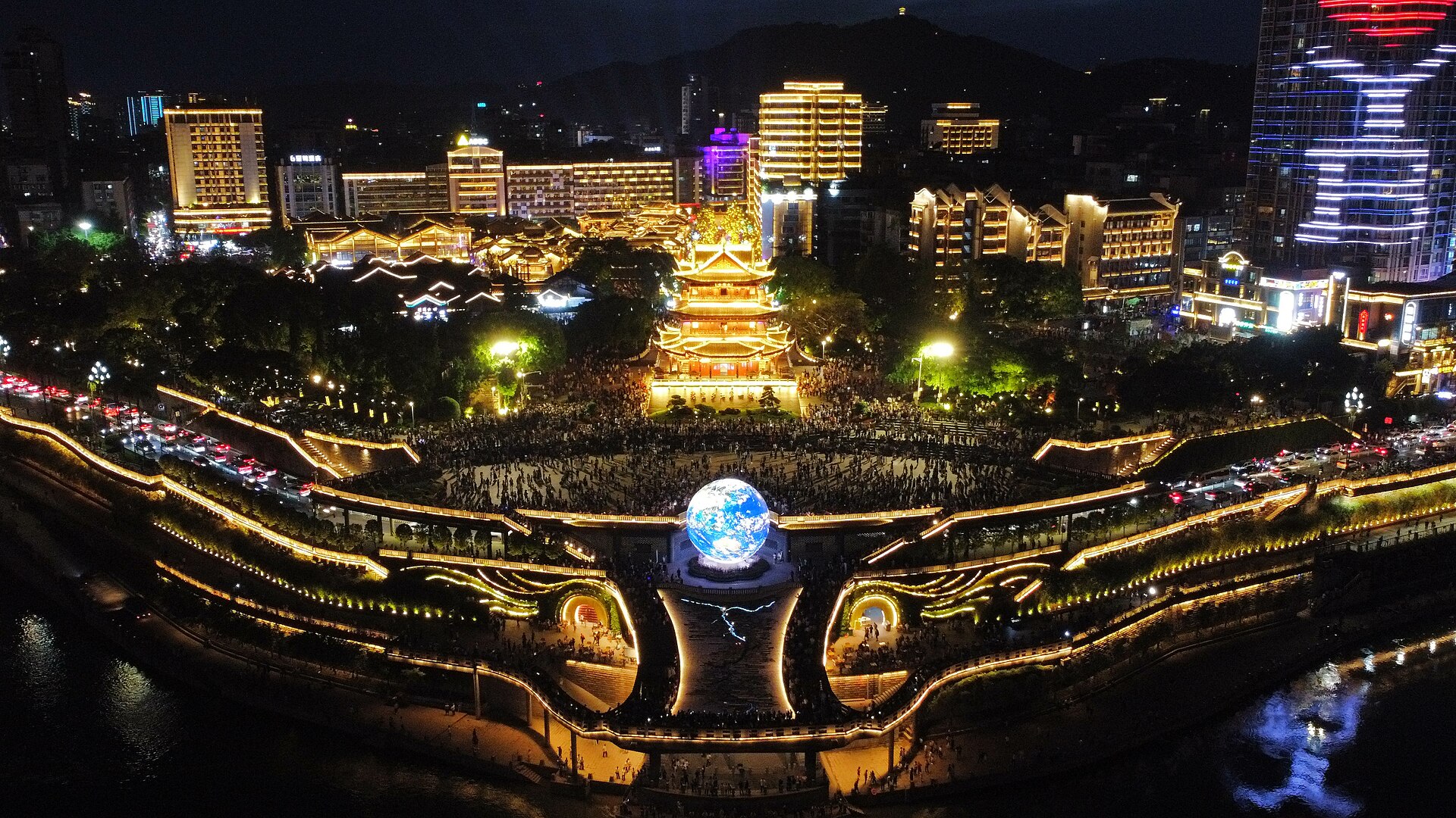 Aerial night view of Hejiangmen Square in Yibin