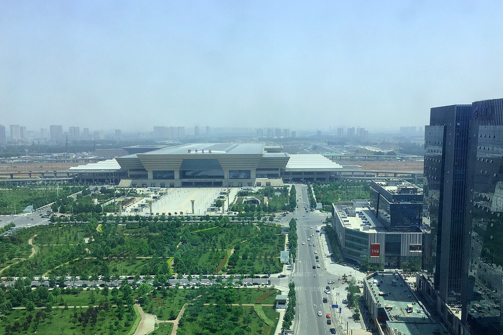 Aerial view of Zhengzhou East railway station and surrounding district